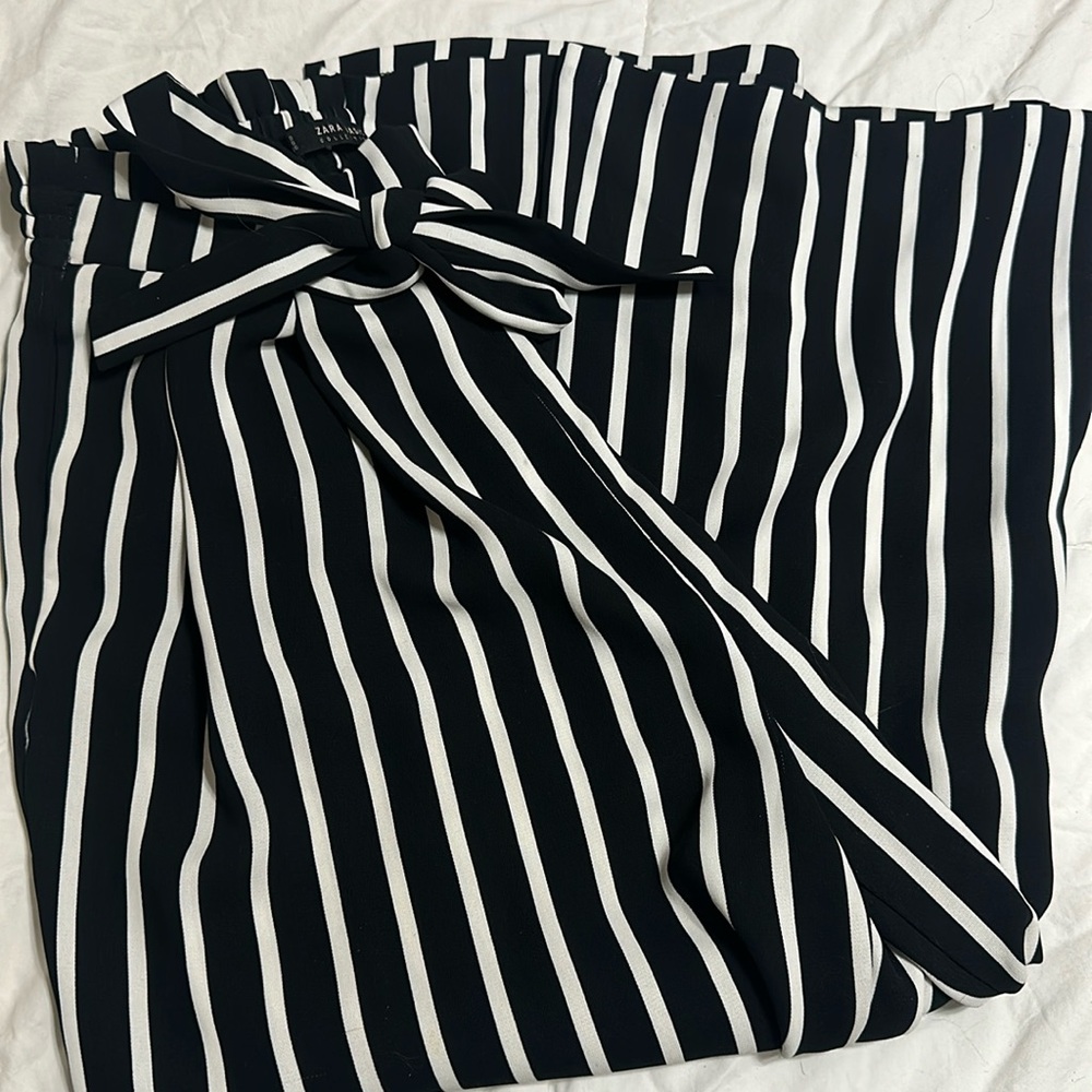 Zara basics striped pants black white pockets & cinch adjustable tie small S